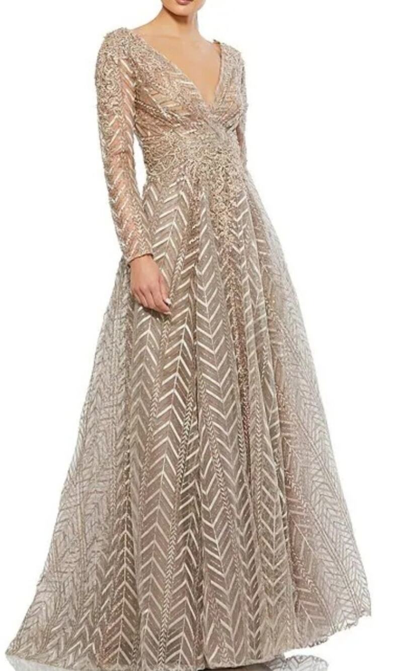 Mac Duggal Champagne Beaded Long Sleeve V-Neck Maxi Gown